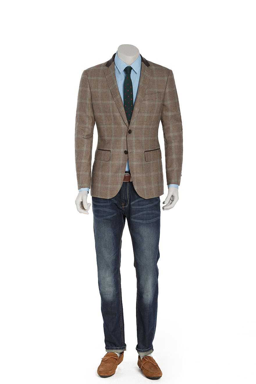 Light Blue and Camel Checkered  Houndstooth Blazer